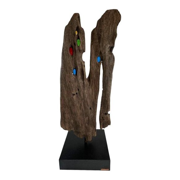 Unique Driftwood Sculpture With Colorful Glass Accents On Base Signed MCM Retro - Picture 1 of 11